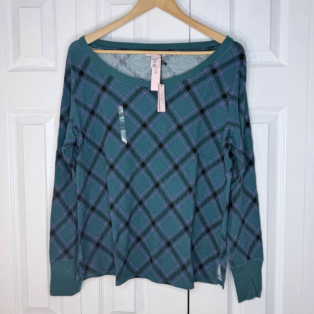 VICTORIA'S‎ SECRET Thermal Long PJ Set Green Bias Plaid size L - Picture 3 of 12